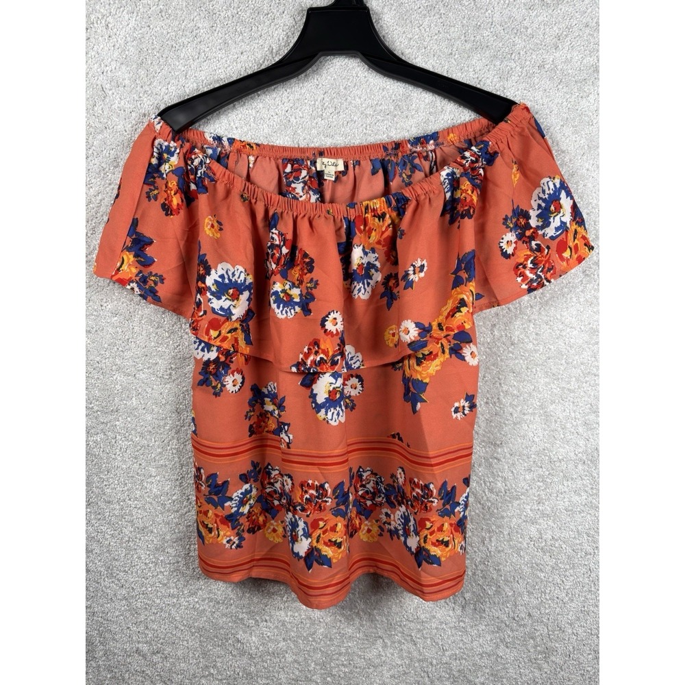 Lily White Womens Orange Blue Floral off the Shoulder Shirt Top Blouse L ~ NEW
